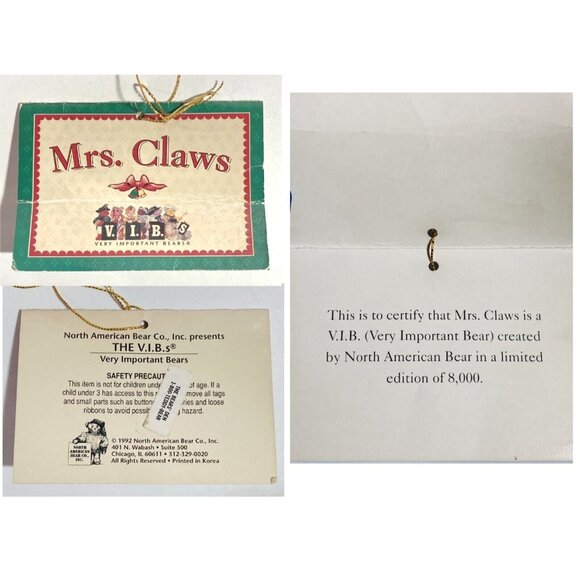 North American Bear Co VIB Red Mrs Claws Claus Bear 1992 Limit Ed #6032 of 8000 - Picture 10 of 13